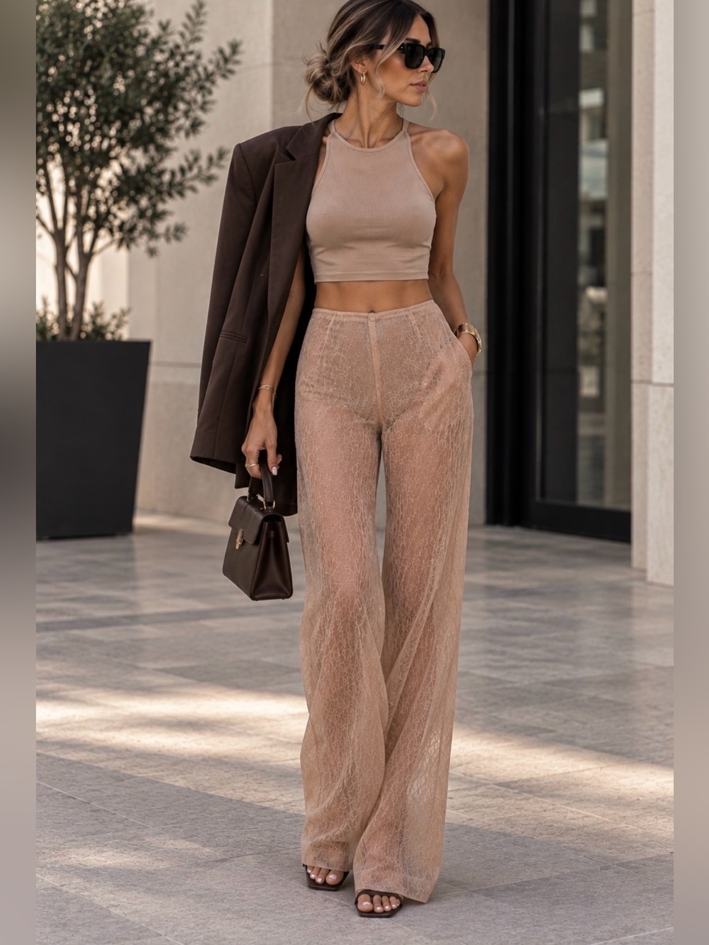 Zara women Light Beige Textured Straight Pants